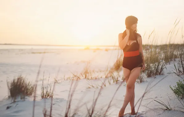 Picture sand, shore, girl.brunette