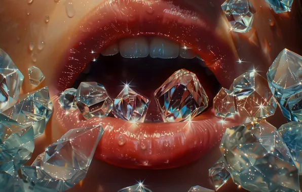 Girl, Lips, Mouth, Digital art, Closeup, Diamonds, AI art, The Art of Artificial Intelligence