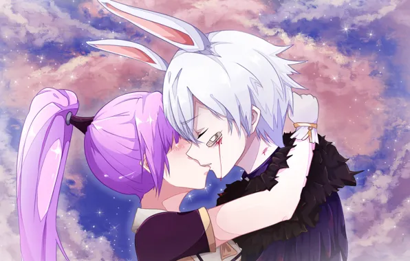 Heaven, Clouds, Sky, anime, Female, Rabbit, Purple Background, Enchantress