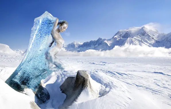 GIRL, MOUNTAINS, The SKY, FROST, ICE, CLOUDS, SNOW, LUMP