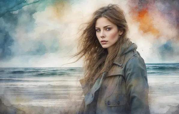 Look, girl, face, pose, portrait, imitation painting, AI art, neural network