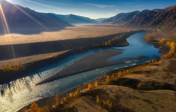 Picture autumn, rays, trees, landscape, mountains, nature, river, The Altai Mountains