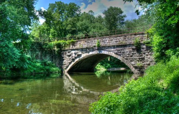 The sky, trees, bridge, pond, Park, river, support, arch