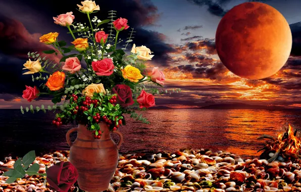 Picture sea, night, the moon, roses, bouquet, the fire, vase