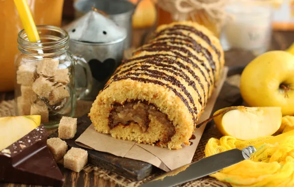 Apples, chocolate, sugar, biscuit, roll