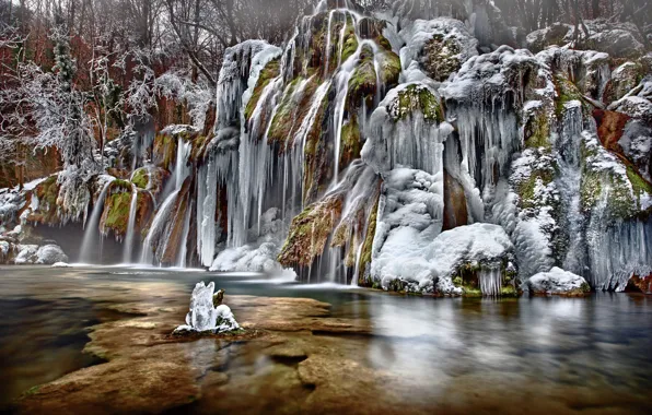 Winter, frost, water, snow, trees, branches, stones, rocks