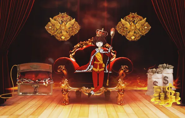 Money, chair, anime, crown, art, guy
