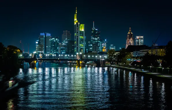Picture Light, Tree, Bridge, Frankfurt, Germany, Night, River, Reflection
