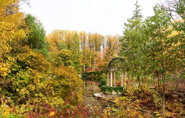 Autumn, leaves, trees, pond, Park, USA, gazebo, Longwood Gardens