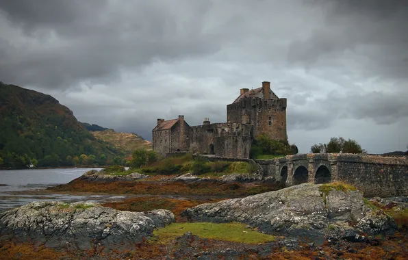 The storm, mountains, bridge, lake, house, castle, boat, ruins