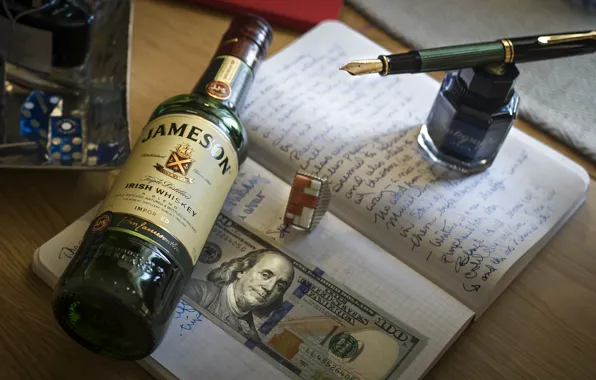 Bottle, money, dollar, handle, notebook, bill
