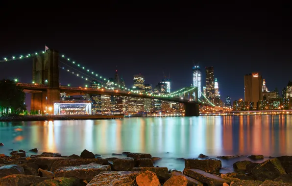 Picture water, light, night, bridge, the city, lights, stones, shore