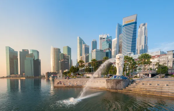 Picture building, ladder, Bay, Singapore, fountain, promenade, skyscrapers, Singapore
