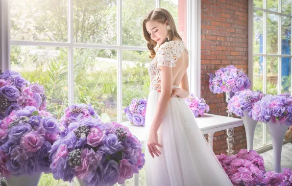 Picture flowers, face, smile, style, model, figure, dress, window