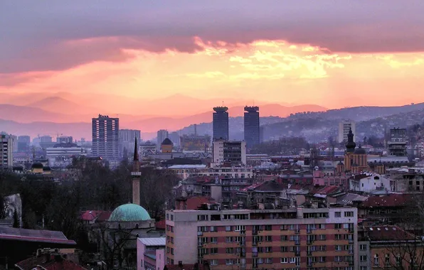 The sky, clouds, mountains, the city, building, home, river, architecture