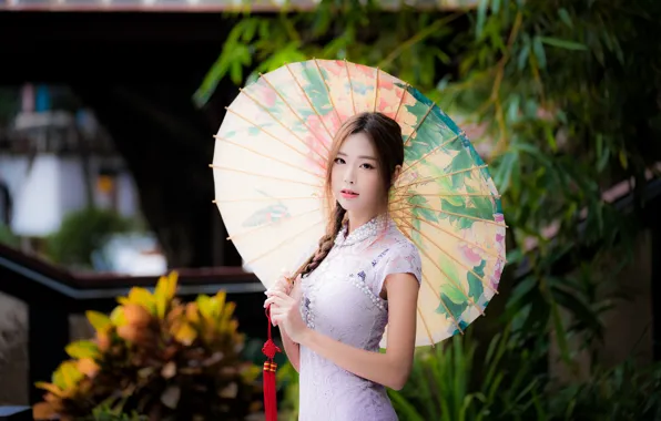 Girl, pose, umbrella, dress, Asian, bokeh