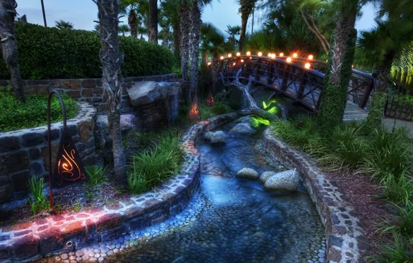 Bridge, stream, lamp, Tale, palm trees