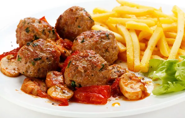 Meat, vegetables, tomatoes, French fries, burgers, meatballs