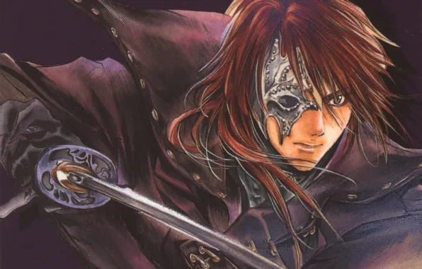 Picture katana, blade, mask, red, guy, cloak, art, Weiss Kreuz