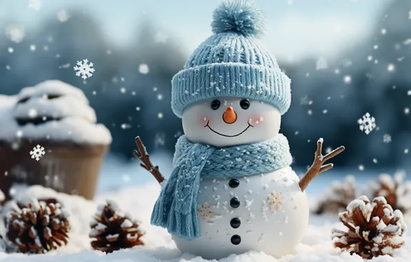 Winter, snow, New Year, Christmas, snowman, happy, Christmas, winter