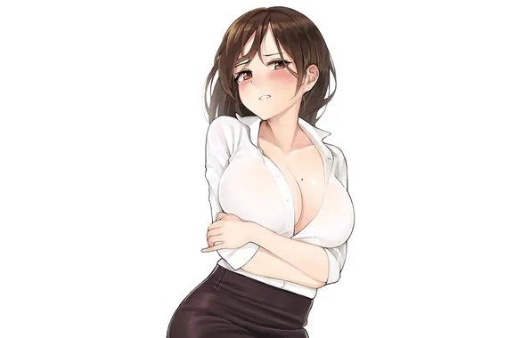 Girl, sexy, cleavage, long hair, brown hair, brown eyes, boobs, anime