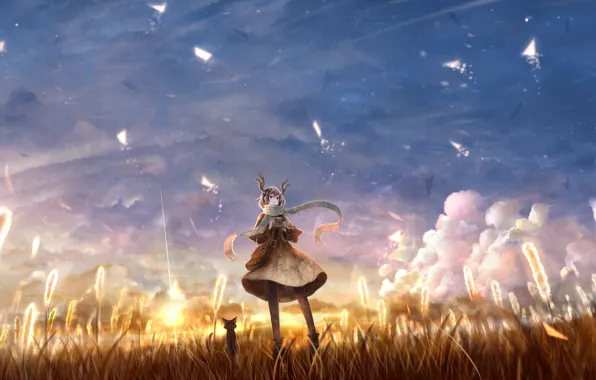 Cat, the sky, girl, nature, fantasy, art, bounin