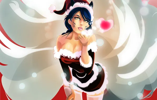 Picture new year, kiss, art, costume, heart, league of legends, ahri