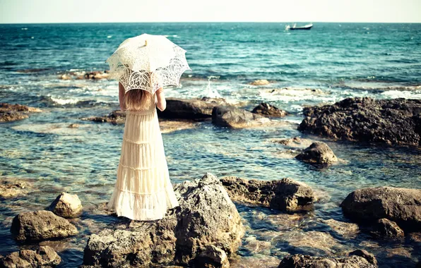 Picture sea, girl, stones, umbrella, dress