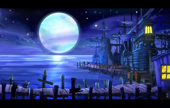 Picture moon, sea, ocean, night, village, Monkey Island