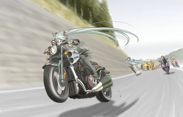 Picture road, nature, art, motorcycle, vocaloid, Hatsune Miku, Kagamine Rin, Meiko