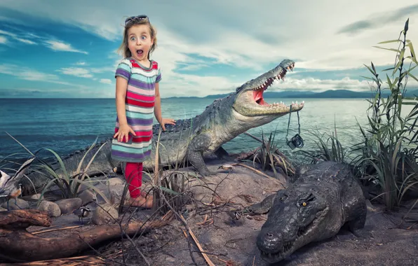 Picture humor, girl, crocodiles