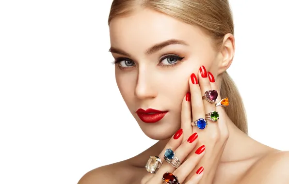 Look, girl, face, background, ring, hands, makeup, lipstick