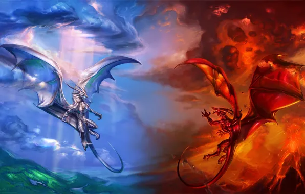 Clouds, blue, red, clouds, fire, dragons, the volcano, the air