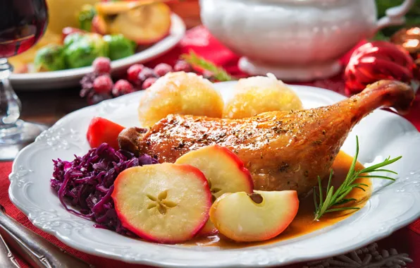 Wallpaper apples, food, plate, potatoes, chicken