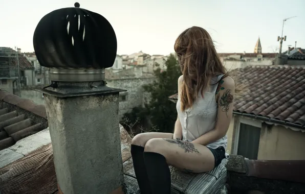 Girl, stockings, mood, tattoo, roof, chimney, sleeveless blouse