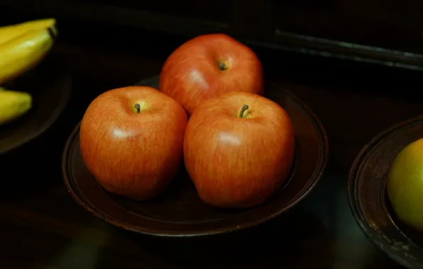 The dark background, table, apples, food, plate, bananas, red, three