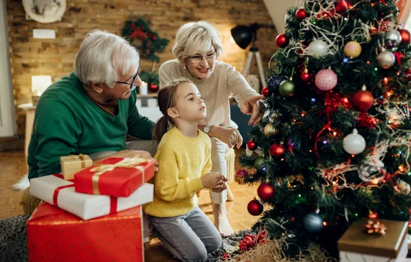 Grandma, family, Christmas, girl, New year, grandpa, tree, granddaughter