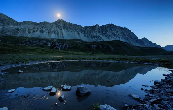 Landscape, mountains, lake, surface, reflection, blue, stones, hills
