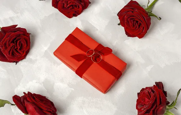 Roses, ring, tape, red, wedding
