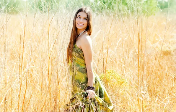 Field, eyes, look, leaves, girl, decoration, nature, smile