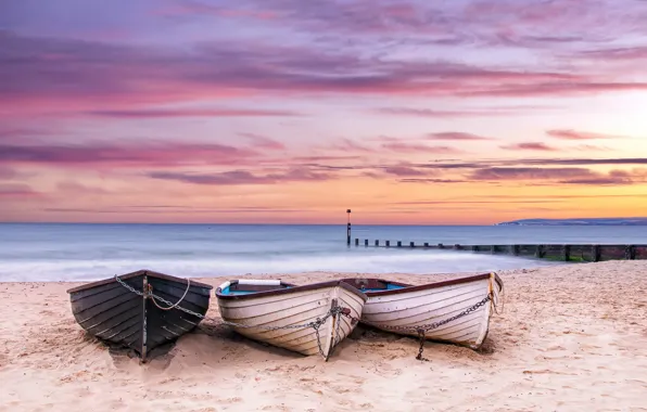 Picture sea, sunset, shore, boat