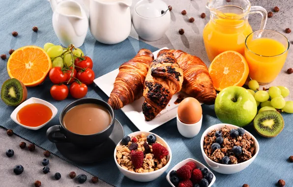 Picture coffee, Breakfast, milk, juice, pitcher, croissants, muesli, orange