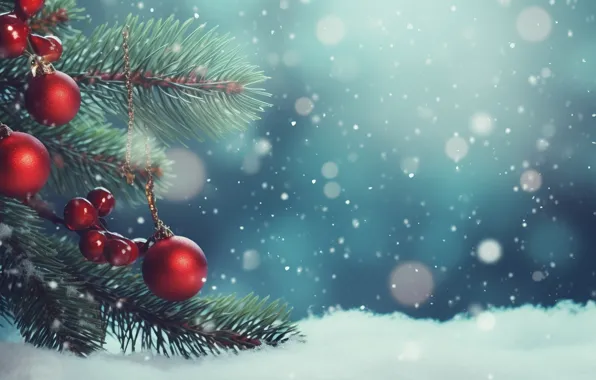 Winter, snow, decoration, balls, New Year, Christmas, red, golden