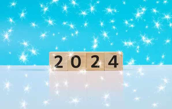 Cubes, figures, New year, snowfall, blue background, date, 2024, New Year 2024