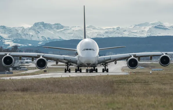 Picture the plane, jet, passenger, widebody, double deck, Airbus A380, four-engined