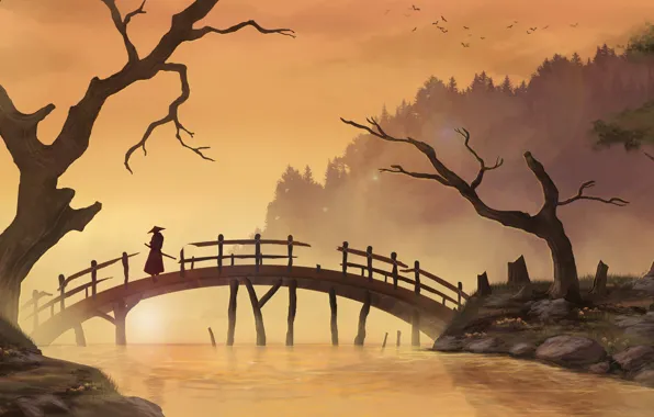 Trees, bridge, river, Asia, art, samurai, male