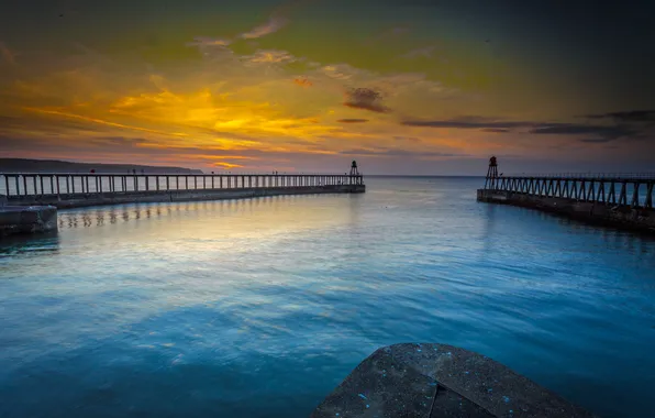 Sea, sunset, port