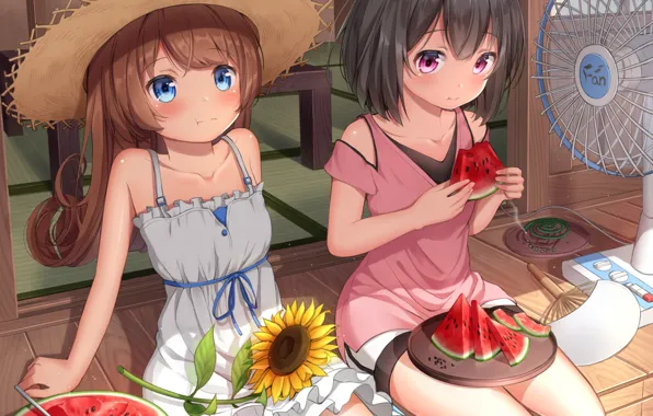 Summer, Watermelon, Sunflower, Hat, Girls