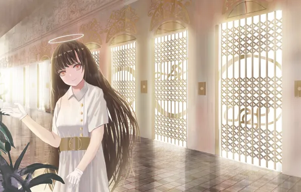 Girl, flowers, corridor, halo
