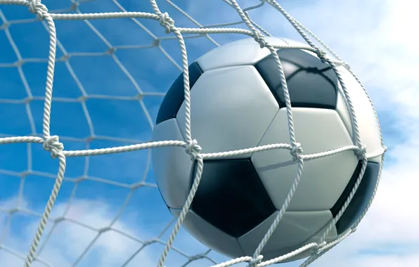 The sky, clouds, background, mesh, football, the ball, gate, goal